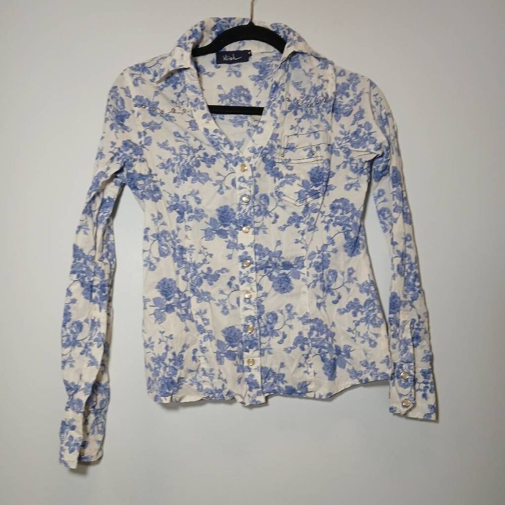 Wish women medium y2k shirt pearl snap Rockabilly western blue floral tab sleev